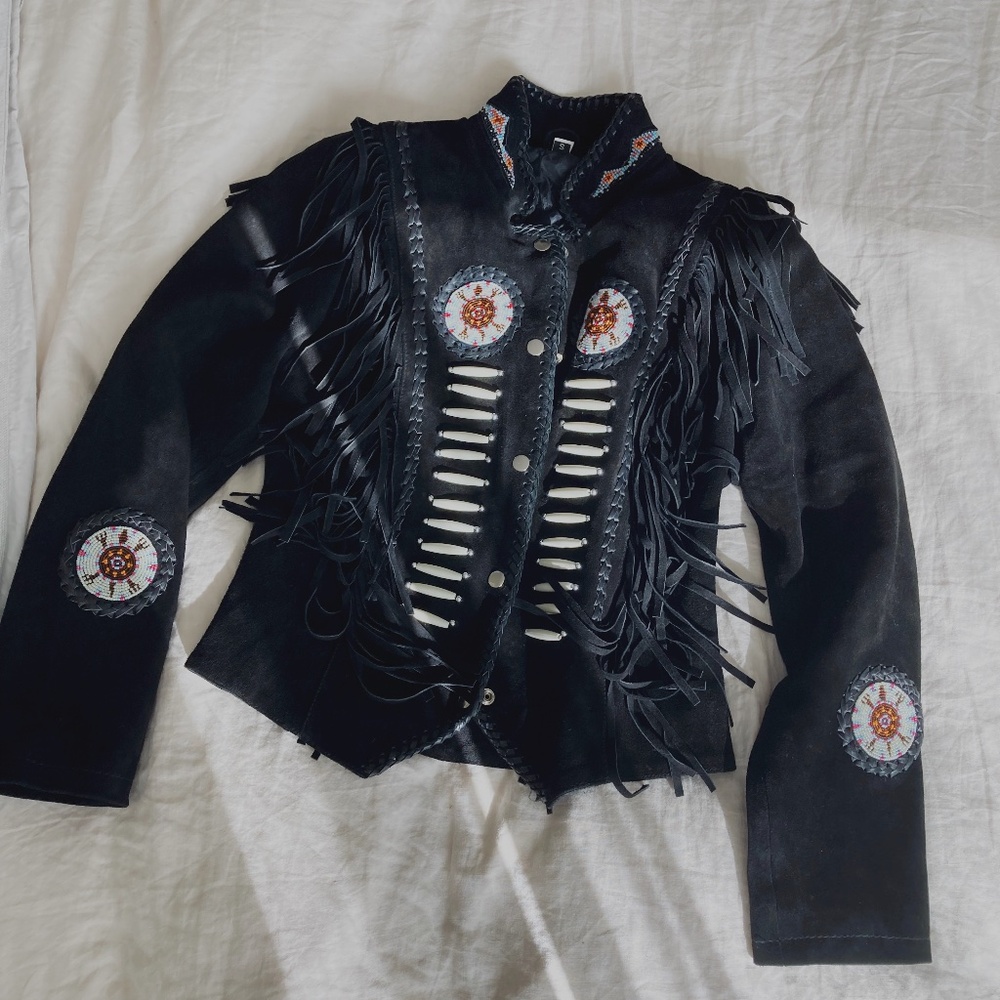 INSANE Vintage Fringe Beaded Black Leather Whipstitch Boho Jacket S